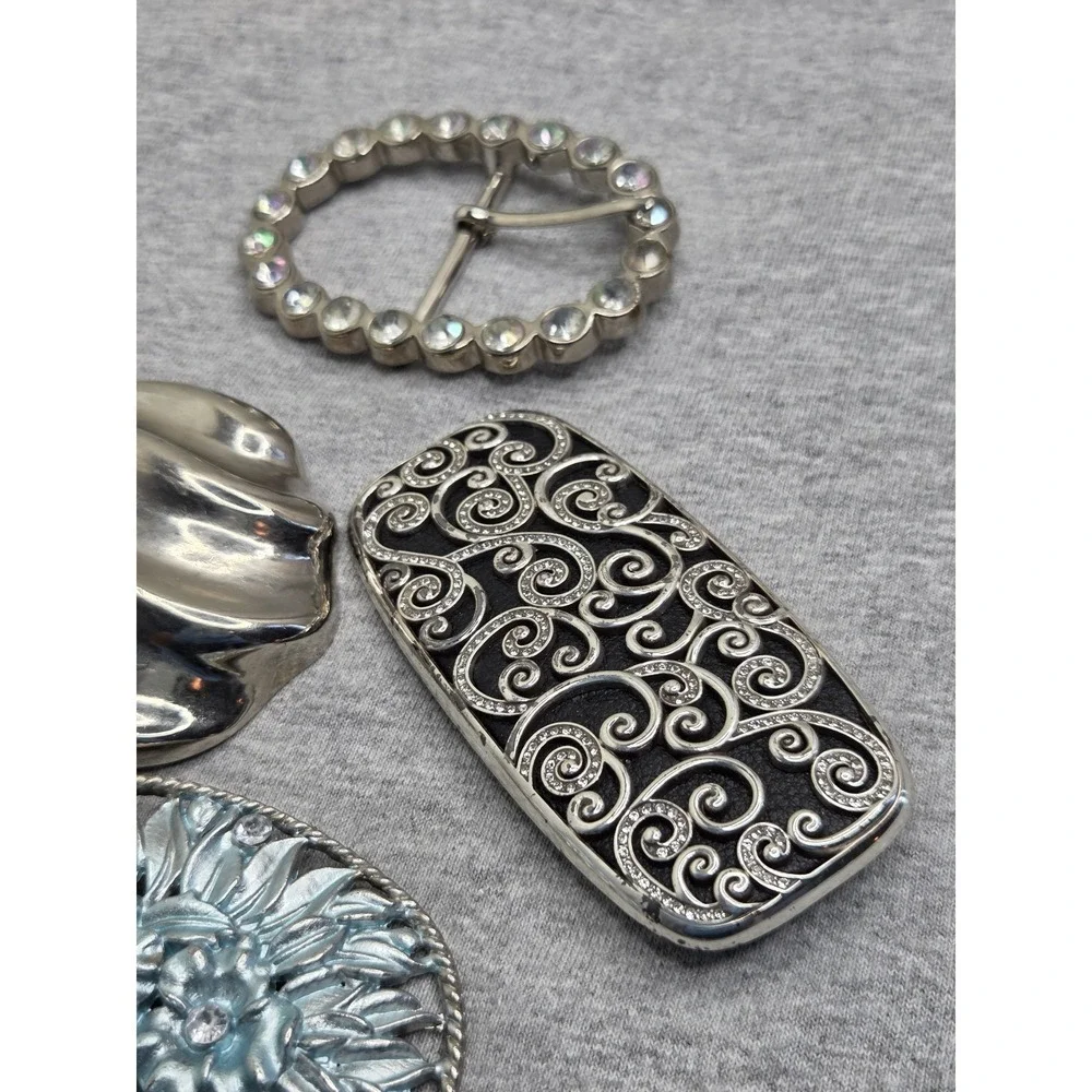 Lot of 4 Vintage Boutique Floral Leather Rhinestone Womens Belt Buckles Boho
